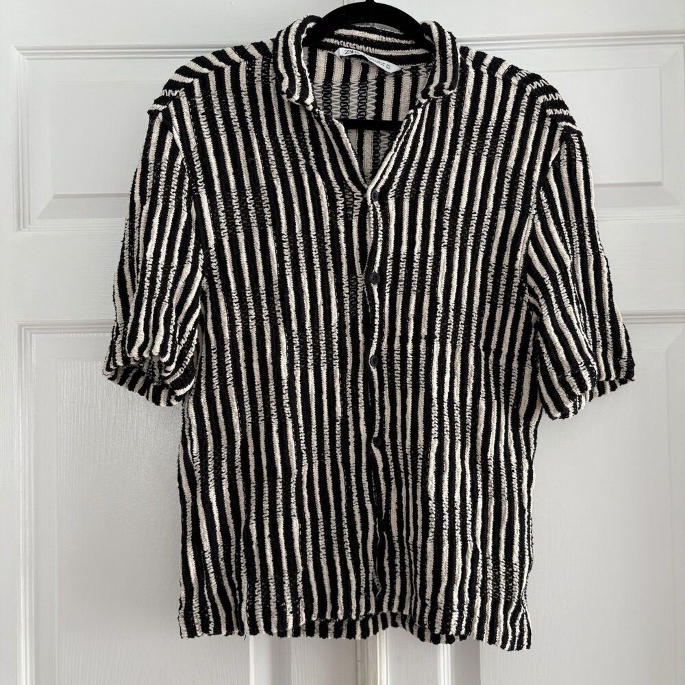 ZARA Men's Textured Crochet Knit Striped Shirt S Black Cream Camp Collar Resort